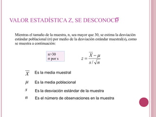 VALOR ESTADÍSTICA Z, SE DESCONOCE  σ Mientras el tamaño de la muestra, n, sea mayor que 30, se estima la desviación estándar poblacional ( σ ) por medio de la desviación estándar muestral(s) ,  como se muestra a continuación: n>30 σ  por s Es la media muestral Es la media poblacional  Es la desviación estándar de la muestra Es el número de observaciones en la muestra 