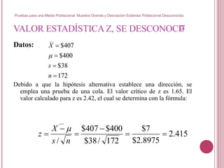 VALOR ESTADÍSTICA Z, SE DESCONOCE  Datos: Debido a que la hipótesis alternativa establece una dirección, se emplea una prueba de una cola. El valor crítico de z es 1.65. El valor calculado para z es 2.42, el cual se determina con la fórmula: σ Pruebas para una Media Poblacional: Muestra Grande y Desviación Estándar Poblacional Desconocida. 