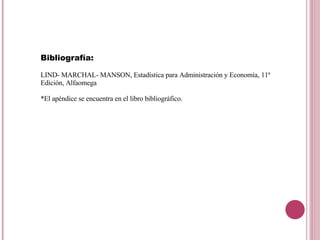 Bibliografía:  LIND- MARCHAL- MANSON, Estadística para Administración y Economía, 11ª Edición, Alfaomega *El apéndice se encuentra en el libro bibliográfico. 