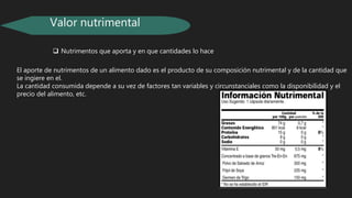 Valor nutrimental
 Nutrimentos que aporta y en que cantidades lo hace
El aporte de nutrimentos de un alimento dado es el producto de su composición nutrimental y de la cantidad que
se ingiere en el.
La cantidad consumida depende a su vez de factores tan variables y circunstanciales como la disponibilidad y el
precio del alimento, etc.
 
