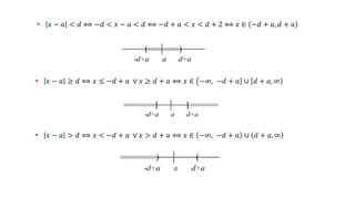 • 𝑥 − 𝑎 ≥ 𝑑 ⟺ 𝑥 ≤ −𝑑 + 𝑎 ∨ 𝑥 ≥ 𝑑 + 𝑎 ⟺ 𝑥 ∈ ൫−∞, ሿ
−𝑑 + 𝑎 ∪ [𝑑 + 𝑎, )
∞
• 𝑥 − 𝑎 > 𝑑 ⟺ 𝑥 < −𝑑 + 𝑎 ∨ 𝑥 > 𝑑 + 𝑎 ⟺ 𝑥 ∈ (−∞, )
−𝑑 + 𝑎 ∪ 𝑑 + 𝑎, ∞
• 𝑥 − 𝑎 < 𝑑 ⟺ −𝑑 < 𝑥 − 𝑎 < 𝑑 ⟺ −𝑑 + 𝑎 < 𝑥 < 𝑑 + 2 ⟺ 𝑥 ∈ −𝑑 + 𝑎, 𝑑 + 𝑎
 