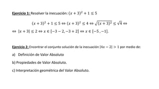Ejercicio 1: Resolver la inecuación: 𝑥 + 3 2 + 1 ≤ 5
𝑥 + 3 2 + 1 ≤ 5 ⇔ 𝑥 + 3 2 ≤ 4 ⇔ 𝑥 + 3 2 ≤ 4 ⇔
⇔ 𝑥 + 3 ≤ 2 ⇔ 𝑥 ∈ −3 − 2, −3 + 2 ⇔ 𝑥 ∈ −5 , −1 .
Ejercicio 2: Encontrar el conjunto solución de la inecuación 4𝑥 − 2 > 1 por medio de:
a) Definición de Valor Absoluto
b) Propiedades de Valor Absoluto.
c) Interpretación geométrica del Valor Absoluto.
 