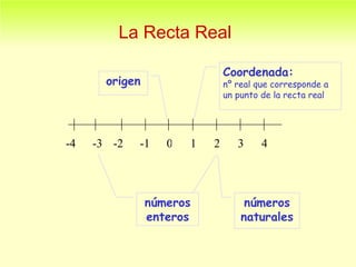La Recta Real origen números naturales Coordenada:   nº real que corresponde a un punto de la recta real -1 0 1 2 3 4 -2 -3 -4 números enteros 