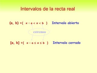 Intervalos de la recta real (a, b) =    x : a    x    b     Intervalo abierto extremos [a, b] =    x : a    x    b     Intervalo cerrado 