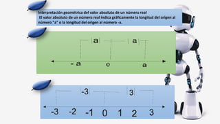 Interpretación geométrica del valor absoluto de un número real
El valor absoluto de un número real indica gráficamente la longitud del origen al
número "a" o la longitud del origen al número -a.
 