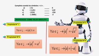 Completa usando los símbolos: < ó >.
a) |-5| _____ 0
b) |-1,01| _____ 1,02
c) -|219| _____ -218
d) -|-2006| _____ -2
Propiedad N° 1
PROPIEDADES SOBRE VALOR ABSOLUTO
a a o   ¡
Propiedad N°2
2 2
a a a   ¡
Propiedad N°3
2 2
a a a   ¡
Propiedad N°4
a a a    ¡
 