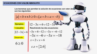 Los teoremas que permiten la solución de ecuaciones con valor absoluto
son los siguientes:
 0a b b a b a b       
Ejemplos:
1.resuelve:
12 3 6x 
Desarrollo:
6 0
12 3 6 12 3 6x x     
Resolviendo las dos ecuaciones:
3 6 12 3 6 12x x      
3 6 3 18x x     
2 6x x  
 . 2;6c s 
 