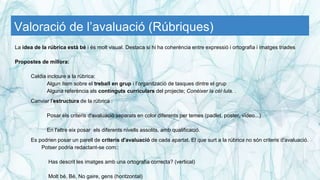 Valoració de l’avaluació (Rúbriques)
La idea de la rúbrica està bé i és molt visual. Destaca si hi ha coherència entre expressió i ortografia i imatges triades
Propostes de millora:
Caldia incloure a la rúbrica:
Algun ítem sobre el treball en grup i l’organització de tasques dintre el grup
Alguna referència als continguts curriculars del projecte; Conèixer la cèl·lula. .
Canviar l’estructura de la rúbrica :
Posar els criteris d'avaluació separats en color diferents per temes (padlet, poster, vídeo...)
En l'altre eix posar els diferents nivells assolits, amb qualificació.
Es podrien posar un parell de criteris d'avaluació de cada apartat. El que surt a la rúbrica no són criteris d'avaluació.
Potser podria redactant-se com::
Has descrit les imatges amb una ortografia correcta? (vertical)
Molt bé, Bé, No gaire, gens (horitzontal)
 