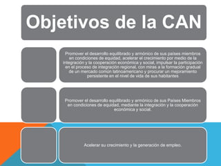 Objetivos de la CAN
     Promover el desarrollo equilibrado y armónico de sus países miembros
        en condiciones de equidad, acelerar el crecimiento por medio de la
    integración y la cooperación económica y social, impulsar la participación
      en el proceso de integración regional, con miras a la formación gradual
        de un mercado común latinoamericano y procurar un mejoramiento
                 persistente en el nivel de vida de sus habitantes




    Promover el desarrollo equilibrado y armónico de sus Países Miembros
     en condiciones de equidad, mediante la integración y la cooperación
                             económica y social.




               Acelerar su crecimiento y la generación de empleo.
 