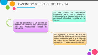 CÁNONES Y DERECHOS DE LICENCIA
Modo de determinar si un canon o un
derecho de licencia está relacionado
con las mercancías objeto de
valoración
Se dan cuando las mercancías
importadas incorporan la propiedad
intelectual y/o se fabrican utilizando la
propiedad intelectual incluida en la
licencia
Por ejemplo, el hecho de que las
mercancías importadas incorporen la
marca comercial por la que se paga
el canon, indica que el canon está
relacionado con dichas mercancías.
 