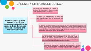 CÁNONES Y DERECHOS DE LICENCIA
Factores que se pueden
tener en cuenta para
determinar si el pago de un
canon o de un derecho de
licencia constituye una
condición de venta
Se hace una referencia al canon o
derecho de licencia en el contrato de
venta o documentos conexos
Se hace una referencia a la venta de
las mercancías en el acuerdo de
licencia
De acuerdo con las condiciones del contrato de venta o del acuerdo de canon o de
licencia, el contrato de venta se puede rescindir en caso de violación del acuerdo de
licencia porque el comprador no efectúa el pago del canon al licenciante. Este hecho
indica que existe una relación entre el pago del canon o del derecho de licencia y la
venta de las mercancías objeto de valoración
En el acuerdo de canon o de licencia existe una cláusula en la
que se establece que si no se efectúa el pago del canon o
derecho de licencia, el fabricante no está autorizado a fabricar
para el importador ni a venderle a éste las mercancías que
incorporan la propiedad intelectual del licenciante
El acuerdo de canon o de licencia contiene cláusulas que
autorizan al licenciante a gestionar la producción o la venta
entre el fabricante y el importador (venta para la exportación al
país de importación) que van más allá del control de calidad
 