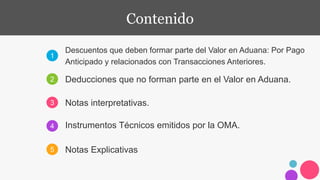 1
2
3
4
5
Descuentos que deben formar parte del Valor en Aduana: Por Pago
Anticipado y relacionados con Transacciones Anteriores.
Deducciones que no forman parte en el Valor en Aduana.
Instrumentos Técnicos emitidos por la OMA.
Notas Explicativas
Contenido
Notas interpretativas.
 