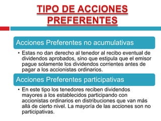 ACCIONES COMUNESLos verdaderos dueños de la empresa son los accionistas comunes que invierten su dinero en la empresa solamente a causa de sus expectativas de rendimientos futuros. "Dueño residual"Es él quien recibe lo que queda después de que todas las reclamaciones sobre las utilidades y activos de la empresa se han satisfecho.