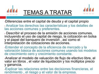 TEMAS A TRATAR Diferencias entre el capital de deuda y el capital propio