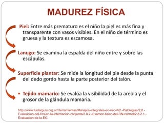 MADUREZ FÍSICA 
Piel: Entre más prematuro es el niño la piel es más fina y 
transparente con vasos visibles. En el niño de término es 
gruesa y la textura es escamosa. 
Lanugo: Se examina la espalda del niño entre y sobre las 
escápulas. 
Superficie plantar: Se mide la longitud del pie desde la punta 
del dedo gordo hasta la parte posterior del talón. 
 Tejido mamario: Se evalúa la visibilidad de la areola y el 
grosor de la glándula mamaria. 
http://www.funlarguia.org.ar/Herramientas/Manejos-integrales-en-neo-II/2.-Patologias/2.8.- 
Evaluacion-del-RN-en-la-internacion-conjunta/2.8.2.-Examen-fisico-del-RN-normal/2.8.2.1.- 
Evaluacion-de-la-EG 
 