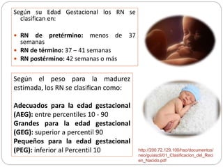 Según su Edad Gestacional los RN se 
clasifican en: 
 RN de pretérmino: menos de 37 
semanas 
 RN de término: 37 – 41 semanas 
 RN postérmino: 42 semanas o más 
Según el peso para la madurez 
estimada, los RN se clasifican como: 
Adecuados para la edad gestacional 
(AEG): entre percentiles 10 - 90 
Grandes para la edad gestacional 
(GEG): superior a percentil 90 
Pequeños para la edad gestacional 
(PEG): inferior al Percentil 10 http://200.72.129.100/hso/documentos/ 
neo/guiascli/01_Clasificacion_del_Reci 
en_Nacido.pdf 
 
