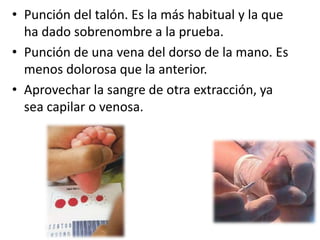 • Punción del talón. Es la más habitual y la que
ha dado sobrenombre a la prueba.
• Punción de una vena del dorso de la mano. Es
menos dolorosa que la anterior.
• Aprovechar la sangre de otra extracción, ya
sea capilar o venosa.
 