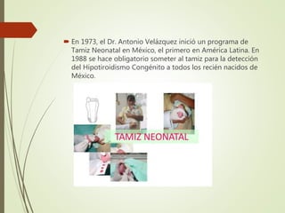  En 1973, el Dr. Antonio Velázquez inició un programa de
Tamiz Neonatal en México, el primero en América Latina. En
1988 se hace obligatorio someter al tamiz para la detección
del Hipotiroidismo Congénito a todos los recién nacidos de
México.
 