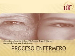 Alumna: Leonor Pastor Martín Curso: 3º Enfermería Grupo: A/ Subgrupo 3
Asignatura: Enfermería del Envejecimiento

PROCESO ENFERMERO

 