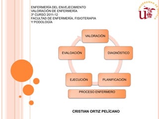 ENFERMERÍA DEL ENVEJECIMIENTO
VALORACIÓN DE ENFERMERÍA
3º CURSO 2011-12
FACULTAD DE ENFERMERÍA, FISIOTERAPIA
Y PODOLOGÍA



                              VALORACIÓN




                 EVALOACIÓN                DIAGNÓSTICO




                     EJECUCIÓN         PLANIFICACIÓN


                          PROCESO ENFERMERO




                      CRISTIAN ORTIZ PELÍCANO
 