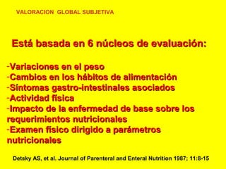 VALORACION GLOBAL SUBJETIVA

Está basada en 6 núcleos de evaluación:
-Variaciones en el peso
-Cambios en los hábitos de alimentación
-Síntomas gastro-intestinales asociados
-Actividad física
-Impacto de la enfermedad de base sobre los
requerimientos nutricionales
-Examen físico dirigido a parámetros
nutricionales
Detsky AS, et al. Journal of Parenteral and Enteral Nutrition 1987; 11:8-15

 