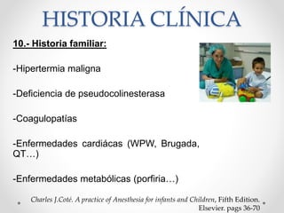 HISTORIA CLÍNICA
10.- Historia familiar:
-Hipertermia maligna
-Deficiencia de pseudocolinesterasa
-Coagulopatías
-Enfermedades cardiácas (WPW, Brugada,
QT…)
-Enfermedades metabólicas (porfiria…)
Charles J.Coté. A practice of Anesthesia for infants and Children, Fifth Edition.
Elsevier. pags 36-70
 