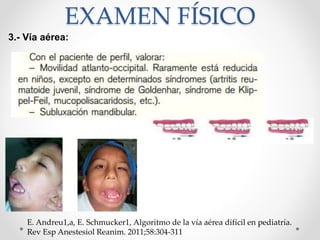 3.- Vía aérea:
EXAMEN FÍSICO
E. Andreu1,a, E. Schmucker1, Algoritmo de la vía aérea difícil en pediatría.
Rev Esp Anestesiol Reanim. 2011;58:304-311
 