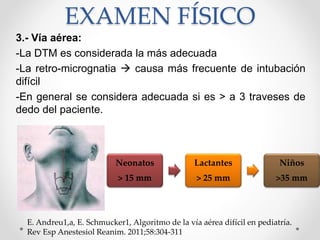 3.- Vía aérea:
-La DTM es considerada la más adecuada
-La retro-micrognatia  causa más frecuente de intubación
difícil
-En general se considera adecuada si es > a 3 traveses de
dedo del paciente.
EXAMEN FÍSICO
E. Andreu1,a, E. Schmucker1, Algoritmo de la vía aérea difícil en pediatría.
Rev Esp Anestesiol Reanim. 2011;58:304-311
Neonatos
> 15 mm
Lactantes
> 25 mm
Niños
>35 mm
 