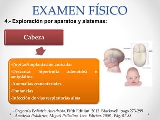 EXAMEN FÍSICO
4.- Exploración por aparatos y sistemas:
-Gregory's Pediatric Anesthesia, Fifth Edition. 2012. Blackwell. pags 273-299
-Anestesia Pediátrica, Miguel Palladino, 1era. Edición, 2008 , Pág. 81-88
Cabeza
-Pupilas/implantación auricular
-Descartar hipertrofia adenoidea o
amigdalina
-Anomalías craneofaciales
-Fontanelas
-Infección de vías respiratorias altas
 