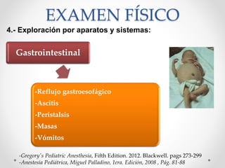 EXAMEN FÍSICO
4.- Exploración por aparatos y sistemas:
-Gregory's Pediatric Anesthesia, Fifth Edition. 2012. Blackwell. pags 273-299
-Anestesia Pediátrica, Miguel Palladino, 1era. Edición, 2008 , Pág. 81-88
Gastrointestinal
-Reflujo gastroesofágico
-Ascitis
-Peristalsis
-Masas
-Vómitos
 