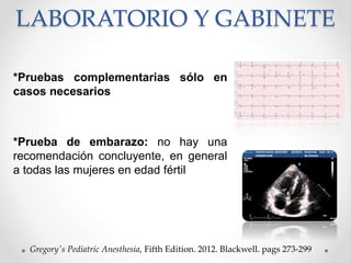 LABORATORIO Y GABINETE
*Pruebas complementarias sólo en
casos necesarios
*Prueba de embarazo: no hay una
recomendación concluyente, en general
a todas las mujeres en edad fértil
Gregory's Pediatric Anesthesia, Fifth Edition. 2012. Blackwell. pags 273-299
 