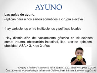 AYUNO
Las guías de ayuno:
-aplican para niños sanos sometidos a cirugía electiva
-hay variaciones entre instituciones y políticas locales
-Hay disminución del vaciamiento gástrico en situaciones
como: trauma, obstrucción intestinal, ileo, uso de opioides,
obesidad, ASA > 3, < de 3 años
-Gregory's Pediatric Anesthesia, Fifth Edition. 2012. Blackwell. pags 273-299
-Coté. A practice of Anesthesia for infants and Children, Fifth Edition. Elsevier. pags 31-32
 
