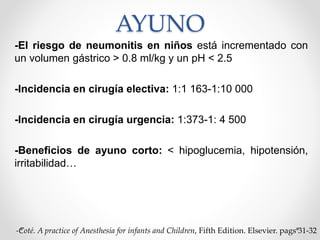 AYUNO
-El riesgo de neumonitis en niños está incrementado con
un volumen gástrico > 0.8 ml/kg y un pH < 2.5
-Incidencia en cirugía electiva: 1:1 163-1:10 000
-Incidencia en cirugía urgencia: 1:373-1: 4 500
-Beneficios de ayuno corto: < hipoglucemia, hipotensión,
irritabilidad…
-Coté. A practice of Anesthesia for infants and Children, Fifth Edition. Elsevier. pags 31-32
 