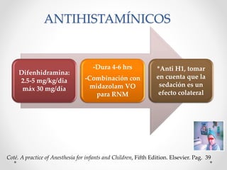 Coté. A practice of Anesthesia for infants and Children, Fifth Edition. Elsevier. Pag. 39
ANTIHISTAMÍNICOS
Difenhidramina:
2.5-5 mg/kg/dia
máx 30 mg/día
-Dura 4-6 hrs
-Combinación con
midazolam VO
para RNM
*Anti H1, tomar
en cuenta que la
sedación es un
efecto colateral
 