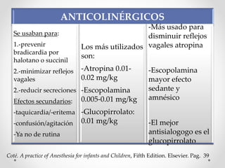 Coté. A practice of Anesthesia for infants and Children, Fifth Edition. Elsevier. Pag. 39
ANTICOLINÉRGICOS
Se usaban para:
1.-prevenir
bradicardia por
halotano o succinil
2.-minimizar reflejos
vagales
2.-reducir secreciones
Efectos secundarios:
-taquicardia/-eritema
-confusión/agitación
-Ya no de rutina
Los más utilizados
son:
-Atropina 0.01-
0.02 mg/kg
-Escopolamina
0.005-0.01 mg/kg
-Glucopirrolato:
0.01 mg/kg
-Más usado para
disminuir reflejos
vagales atropina
-Escopolamina
mayor efecto
sedante y
amnésico
-El mejor
antisialogogo es el
glucopirrolato
 