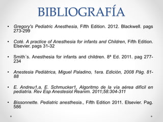 BIBLIOGRAFÍA
• Gregory's Pediatric Anesthesia, Fifth Edition. 2012. Blackwell. pags
273-299
• Coté. A practice of Anesthesia for infants and Children, Fifth Edition.
Elsevier. pags 31-32
• Smith´s. Anesthesia for infants and children. 8ª Ed. 2011. pag 277-
234
• Anestesia Pediátrica, Miguel Paladino, 1era. Edición, 2008 Pág. 81-
88
• E. Andreu1,a, E. Schmucker1, Algoritmo de la vía aérea difícil en
pediatría. Rev Esp Anestesiol Reanim. 2011;58:304-311
• Bissonnette. Pediatric anesthesia., Fifth Edition 2011. Elsevier. Pag.
586
 