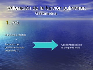 Valoración de la función pulmonar.Valoración de la función pulmonar.
Gasometria.Gasometria.
1.1. PPaaOO22..
Hipoxemia arterialHipoxemia arterial
++
Aumento delAumento del
gradiente alveologradiente alveolo
arterial de Oarterial de O22
Contraindicación de
la cirugía de tórax.
 