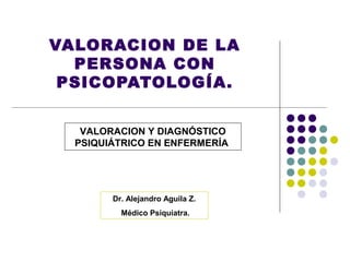 VALORACION DE LA
  PERSONA CON
 PSICOPATOLOGÍA.


   VALORACION Y DIAGNÓSTICO
  PSIQUIÁTRICO EN ENFERMERÍA




        Dr. Alejandro Aguila Z.
          Médico Psiquiatra.
 