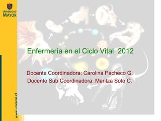 Enfermería en el Ciclo Vital 2012

Docente Coordinadora: Carolina Pacheco G.
Docente Sub Coordinadora: Maritza Soto C.
 