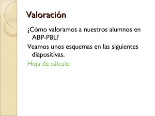 Valoración ¿Cómo valoramos a nuestros alumnos en ABP-PBL? Veamos unos esquemas en las siguientes diapositivas. Hoja de cálculo   