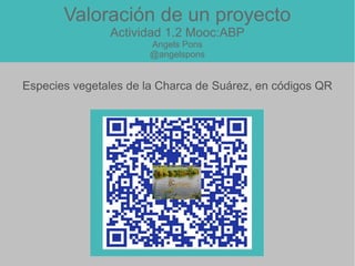 Valoración de un proyecto
Actividad 1.2 Mooc:ABP
Angels Pons
@angelspons
Especies vegetales de la Charca de Suárez, en códigos QR
 