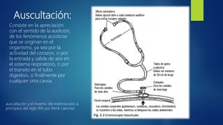 Auscultación:
Consiste en la apreciación
con el sentido de la audición,
de los fenómenos acústicos
que se originan en el
organismo, ya sea por la
actividad del corazón, o por
la entrada y salida de aire en
el sistema respiratorio, o por
el transito en el tubo
digestivo, o finalmente por
cualquier otra causa.
auscultación y el invento del estetoscopio a
principios del siglo XIX por René Laennec
 