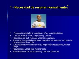 1.-  Necesidad de respirar normalmente : Frecuencia respiratoria y cardiaca: cifras y características. Tensión arterial: cifras, regulación y control. Coloración de piel, mucosas y lechos ungueales.  Presencia y capacidad para toser y expulsar secreciones, así como las características de ambas. Circunstancias que influyen en su respiración: tabaquismo, disnea, fatiga,... Recursos que utiliza para mejorar esta. Manifestaciones de dependencia y causa de dificultad . 