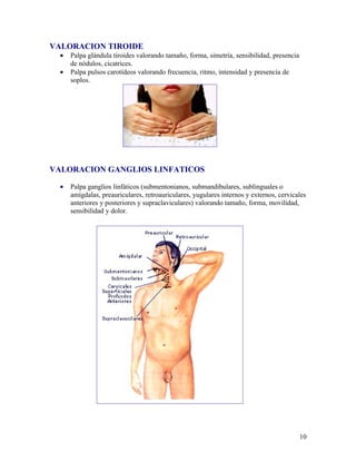 VALORACION TIROIDE
  •   Palpa glándula tiroides valorando tamaño, forma, simetría, sensibilidad, presencia
      de nódulos, cicatrices.
  •   Palpa pulsos carotídeos valorando frecuencia, ritmo, intensidad y presencia de
      soplos.




VALORACION GANGLIOS LINFATICOS

  •   Palpa ganglios linfáticos (submentonianos, submandibulares, sublinguales o
      amígdalas, preauriculares, retroauriculares, yugulares internos y externos, cervicales
      anteriores y posteriores y supraclaviculares) valorando tamaño, forma, movilidad,
      sensibilidad y dolor.




                                                                                           10
 
