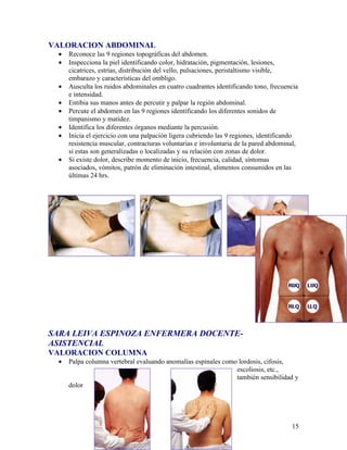 VALORACION ABDOMINAL
 •   Reconoce las 9 regiones topográficas del abdomen.
 •   Inspecciona la piel identificando color, hidratación, pigmentación, lesiones,
     cicatrices, estrías, distribución del vello, pulsaciones, peristaltismo visible,
     embarazo y características del ombligo.
 •   Ausculta los ruidos abdominales en cuatro cuadrantes identificando tono, frecuencia
     e intensidad.
 •   Entibia sus manos antes de percutir y palpar la región abdominal.
 •   Percute el abdomen en las 9 regiones identificando los diferentes sonidos de
     timpanismo y matidez.
 •   Identifica los diferentes órganos mediante la percusión.
 •   Inicia el ejercicio con una palpación ligera cubriendo las 9 regiones, identificando
     resistencia muscular, contracturas voluntarias e involuntaria de la pared abdominal,
     si estas son generalizadas o localizadas y su relación con zonas de dolor.
 •   Si existe dolor, describe momento de inicio, frecuencia, calidad, síntomas
     asociados, vómitos, patrón de eliminación intestinal, alimentos consumidos en las
     últimas 24 hrs.




SARA LEIVA ESPINOZA ENFERMERA DOCENTE-
ASISTENCIAL
VALORACION COLUMNA
 •   Palpa columna vertebral evaluando anomalías espinales como lordosis, cifosis,
                                                               escoliosis, etc.,
                                                               también sensibilidad y
     dolor




                                                                                      15
 