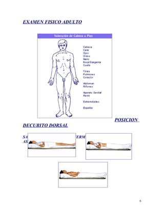 EXAMEN FISICO ADULTO




                                     POSICION
DECUBITO DORSAL

SARA LEIVA ESPINOZA ENFERMERA DOCENTE-
ASISTENCIAL




                                                6
 