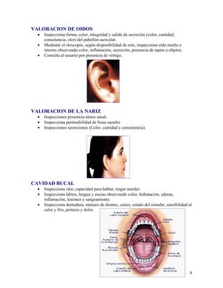 VALORACION DE OIDOS
  •   Inspecciona forma, color, integridad y salida de secreción (color, cantidad,
      consistencia, olor) del pabellón auricular.
  •   Mediante el otoscopio, según disponibilidad de este, inspecciona oído medio e
      interno observando color, inflamación, secreción, presencia de tapón u objetos.
  •   Consulta al usuario por presencia de vértigo.




VALORACION DE LA NARIZ
  •   Inspecciones presencia aleteo nasal.
  •   Inspecciona permeabilidad de fosas nasales
  •   Inspecciones secreciones (Color, cantidad y consistencia).




CAVIDAD BUCAL
  •   Inspecciona olor, capacidad para hablar, tragar morder.
  •   Inspecciona labios, lengua y encías observando color, hidratación, edema,
      inflamación, lesiones y sangramiento.
  •   Inspecciona dentadura; número de dientes, caries, estado del esmalte, sensibilidad al
      calor y frío, prótesis y dolor.




                                                                                         8
 