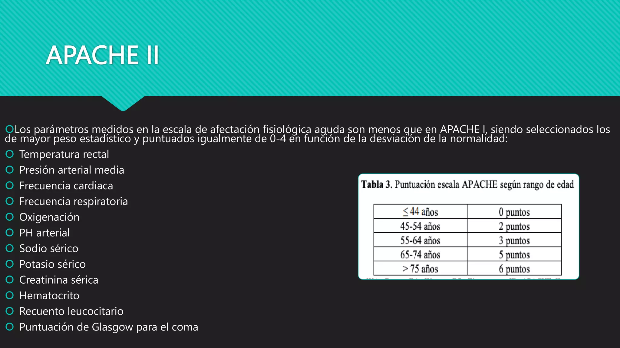 APACHE II
Los parámetros medidos en la escala de afectación fisiológica aguda son menos que en APACHE I, siendo seleccionados los
de mayor peso estadístico y puntuados igualmente de 0-4 en función de la desviación de la normalidad:
 Temperatura rectal
 Presión arterial media
 Frecuencia cardiaca
 Frecuencia respiratoria
 Oxigenación
 PH arterial
 Sodio sérico
 Potasio sérico
 Creatinina sérica
 Hematocrito
 Recuento leucocitario
 Puntuación de Glasgow para el coma
 