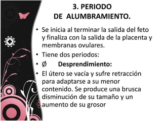 3. PERIODO DE  ALUMBRAMIENTO.Se inicia al terminar la salida del feto y finaliza con la salida de la placenta y membranas ovulares. Tiene dos periodos:Ø       Desprendimiento:El útero se vacía y sufre retracción para adaptarse a su menor contenido. Se produce una brusca disminución de su tamaño y un aumento de su grosor