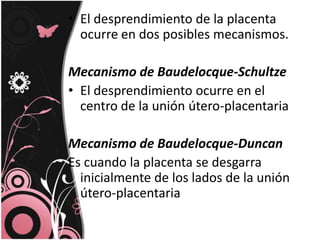 El desprendimiento de la placenta ocurre en dos posibles mecanismos. Mecanismo de Baudelocque-SchultzeEl desprendimiento ocurre en el centro de la unión útero-placentariaMecanismo de Baudelocque-DuncanEs cuando la placenta se desgarra inicialmente de los lados de la unión útero-placentaria